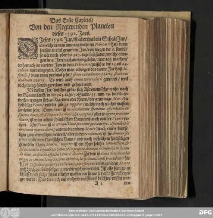 Das Erste Capittel/ Von den Regierenden Planeten dieses 1592. Jars.