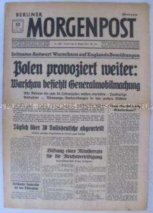 Tageszeitung "Berliner Morgenpost" vom Vortag des Überfalls auf Polen, Schlagzeile: "Polen provoziert weiter"
