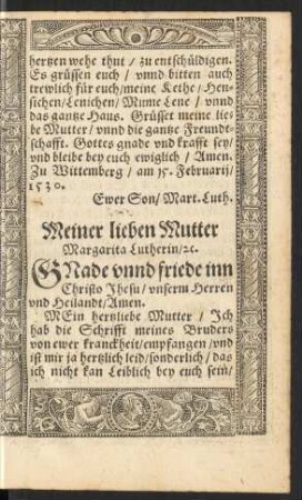 Meiner lieben Mutter Margarita Lutherin/ etc.