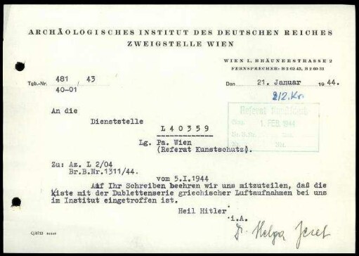 Empfangsbestätigung; AIDR, Zweigstelle Wien, an Referat Kunstschutz