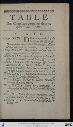 Table des Chapitres contenus das ce quatriéme Tome.