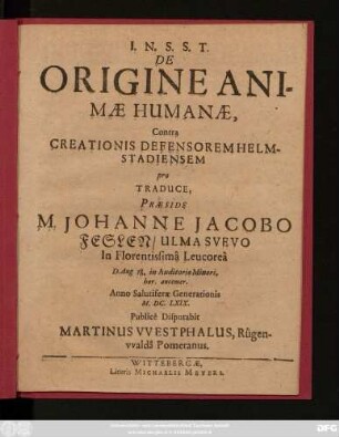 De Origine Animae Humanae, Contra Creationis Defensorem Helmstadiensem pro Traduce