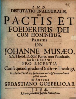 Disputatio inauguralis De pactis et foederibus Dei cum hominibus