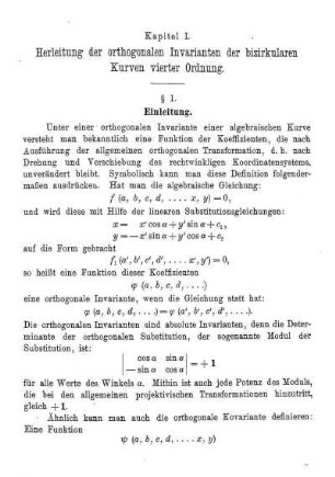 Kapitel I. - Herleitung der orthogonalen Invarianten der bizirkularen Kurven vierter Ordnung.