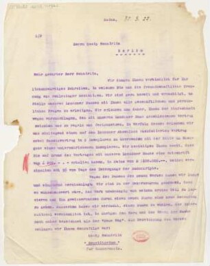Brief an Ossip Schnirlin : 30.03.1922