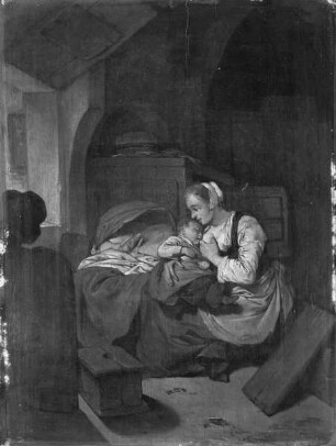 Eine Frau im Innern eines ärmlichen Wohnraumes, ihr Kind stillend