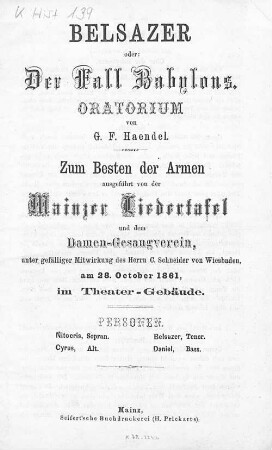 Belsazer oder Der Fall Babylons : Oratorium