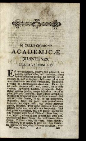 M. Tullii Ciceronis Academicae Quaestiones. Cicero Varroni S. D.
