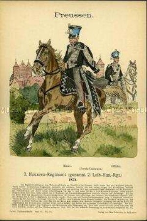 Uniformdarstellung, Husar und Offizier des 2. Leib-Husaren-Regiments in Parade-Uniform, Königreich Preußen, 1835.