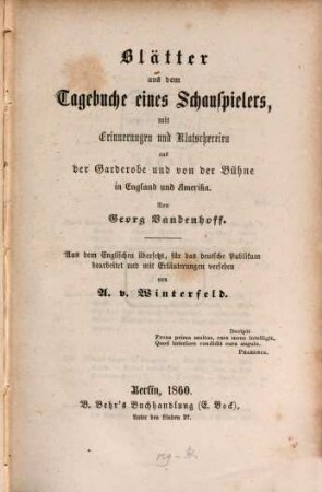 Blätter aus dem Tagebuche eines Schauspielers : mit Erinnerungen und Klatschereien aus der Garderobe und von der Bühne in England und Amerika