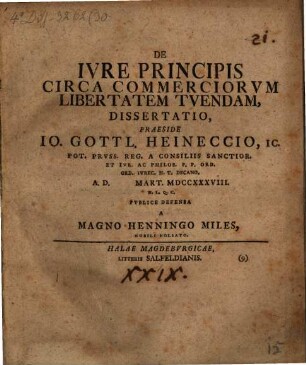 De Ivre Principis Circa Commerciorvm Libertatem Tvendam, Dissertatio