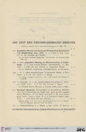 V. Die Zeit des Dreissigjährigen Krieges (Nr. 197 - 304)