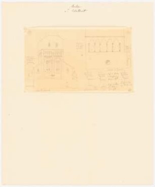 St. Adalbert, Aachen: Perspektivische Ansicht des Westturmes mit Bogenfriesgliederung und Sockelzone, Teilansicht der Blendgalerie mit Spitzbogenwülsten auf Säulchen, Kämpferdetails von Kapitellen