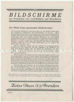Bildschirme zur Projektion von Lichtbildern und Kinofilmen