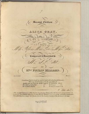Alice Gray : a ballad, sung by Miss Stephens, Miss Love & Miss Paton ; composed and ascribed to A. Pellet