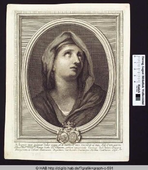 Frauenporträt in ovalem Rahmen.
