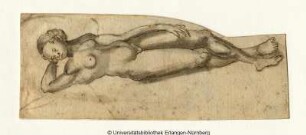 Schlafende nackte Frau, mit dem auf die Rechte gestützten Kopf nach links liegend (Quellnymphe)