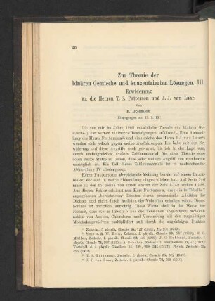 Zur Theorie der binären Gemische und konzentrierten Lösungen. III. Erwiderung an die Herren T. S. Patterson und J. J. van Laar
