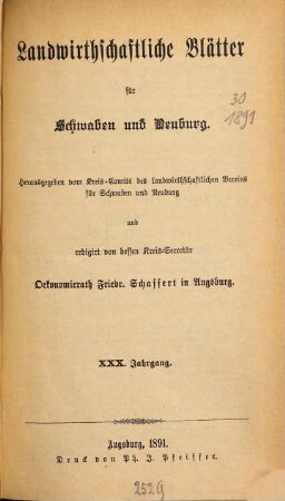 Landwirtschaftliche Blätter für Schwaben und Neuburg. 30. 1891