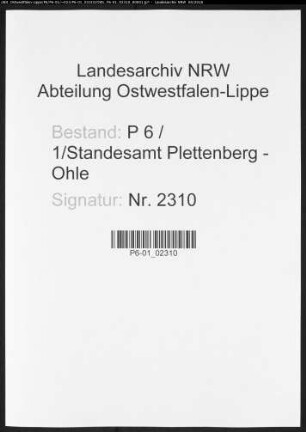 Sterberegister Standesamt Plettenberg-Ohle