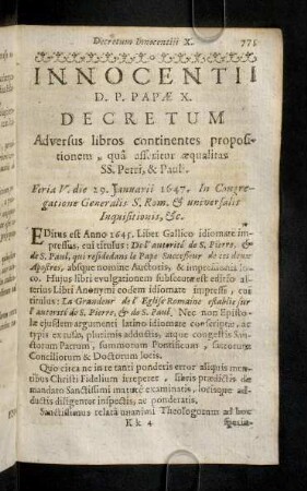 775-795, Decretum Innocentii X. Decreta Alexandri Septimi. Decreta Innocentii Undecimi.
