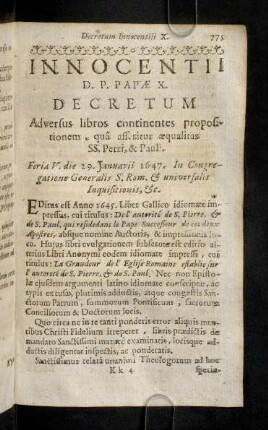 775-795, Decretum Innocentii X. Decreta Alexandri Septimi. Decreta Innocentii Undecimi.