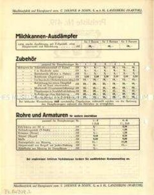 Preisliste über Dampferzeuger, Dampffässer und Milchkannen-Ausdämpfer