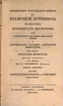 Dissertatio inauguralis Medica de pulmonum autenergia in organico respirationis mechanismo