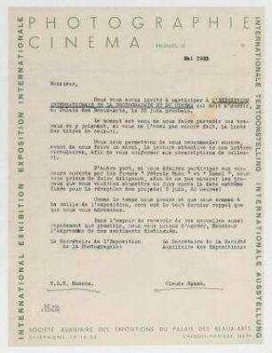 Brief von Claude Spaak und Edouard L. T. Mesens. Brüssel. Briefkopf: "SOCIETE AUXILAIRE DES EXPOSITIONS DU PALAIS DES BEAUX-ARTS".