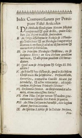 Index Controversiarum per Præcipuos Fidei Articulos