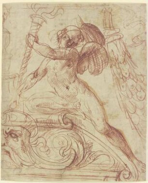 Putto mit brennender Fackel auf einem Rundgiebel kniend