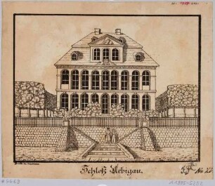 Das Schloss Übigau an der Elbe bei Dresden, Barockschloss 1726 gebaut und von August dem Starken erworben, Blick von der Elbe