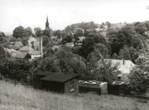 Berggießhübel (Bad Gottleuba-Berggießhübel). Südliche Vorstadt. Blick vom Hochsteinweg nach Osten zur Pfarrkirche