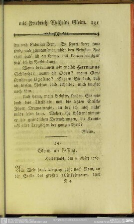 54. Gleim an Lessing. Halberstadt, den 9. März 1769