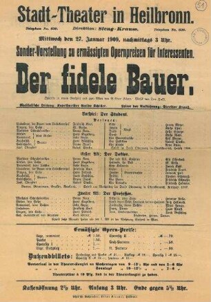 Theaterzettel des "Stadt-Theater in Heilbronn" für die Operette "Der fidele Bauer" von Viktor Léon