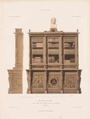 Bücherschrank in der Villa von August Heckmann, Berlin: Ansicht, Seitenansicht (aus: Architektonisches Skizzenbuch, H. 97/3, 1869)