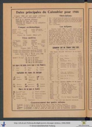 Dates principales du Calendrier pour 1946.