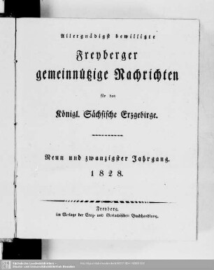 29.1828: Freiberger gemeinnützige Nachrichten für das Königl. Sächsische Erzgebirge : zum Besten des Nahrungsstandes, Bergbaues und der vaterländischen Geschichte