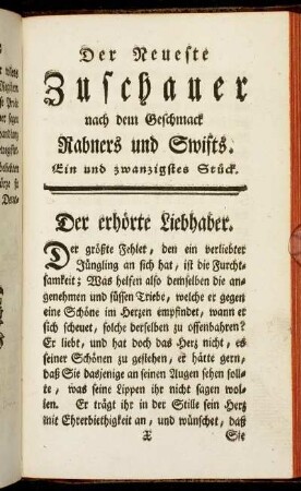 Der neueste Zuschauer nach dem Geschmack Rabners und Swifts. Ein und zwanzigstes Stück.