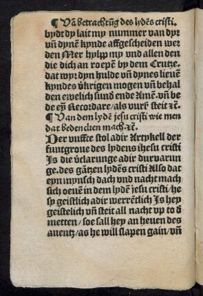 Van dem lyden jesu cristi wie men dat bedencken mach .etc. Der vuffte stol adir Artykell der funtgrove des lydens jhesu cristi ...