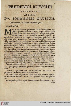 Frederici Ruyschii responsio, ad eruditum Dominum Johannem Gaubium […]