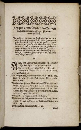 Register unnd Zeyger des Newen Testaments namhafftiger Puncten unnd Artickeln.