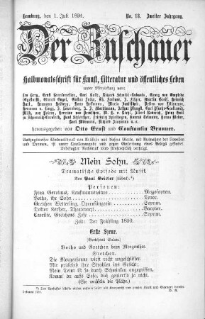 Mein Sohn. : Dramatische Episode mit Musik. Von Paul Geisler (Lübeck). *)