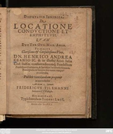 Disputatio Iuridica, De Locatione Conductione Et Emphyteusi