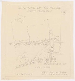 Gartenanlagen und Gärten Wohngebiet Burgfeld, Neviges: Bepflanzungsplan für den Vorgarten Zost, Fröbelstr. 1: Grundriss 1:100