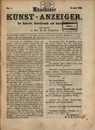 Münchener Kunst-Anzeiger : für Künstler, Kunstfreunde u. Kunsthändler. 1/12. 1865/66, 15. Apr. - 15. März