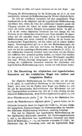 § 3. Die Darstellung der elliptischen und hyperbolischen Geometrie auf der euklidischen Kugel von reellem und imaginärem Radius.