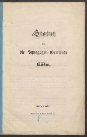 Statut für die Synagogen-Gemeinde Köln