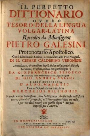 Il Perfetto Dittionario Overo Tesoro Della Lingua Volgar-Latina