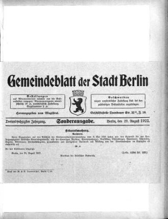 Sonderausgabe, 29. August 1922